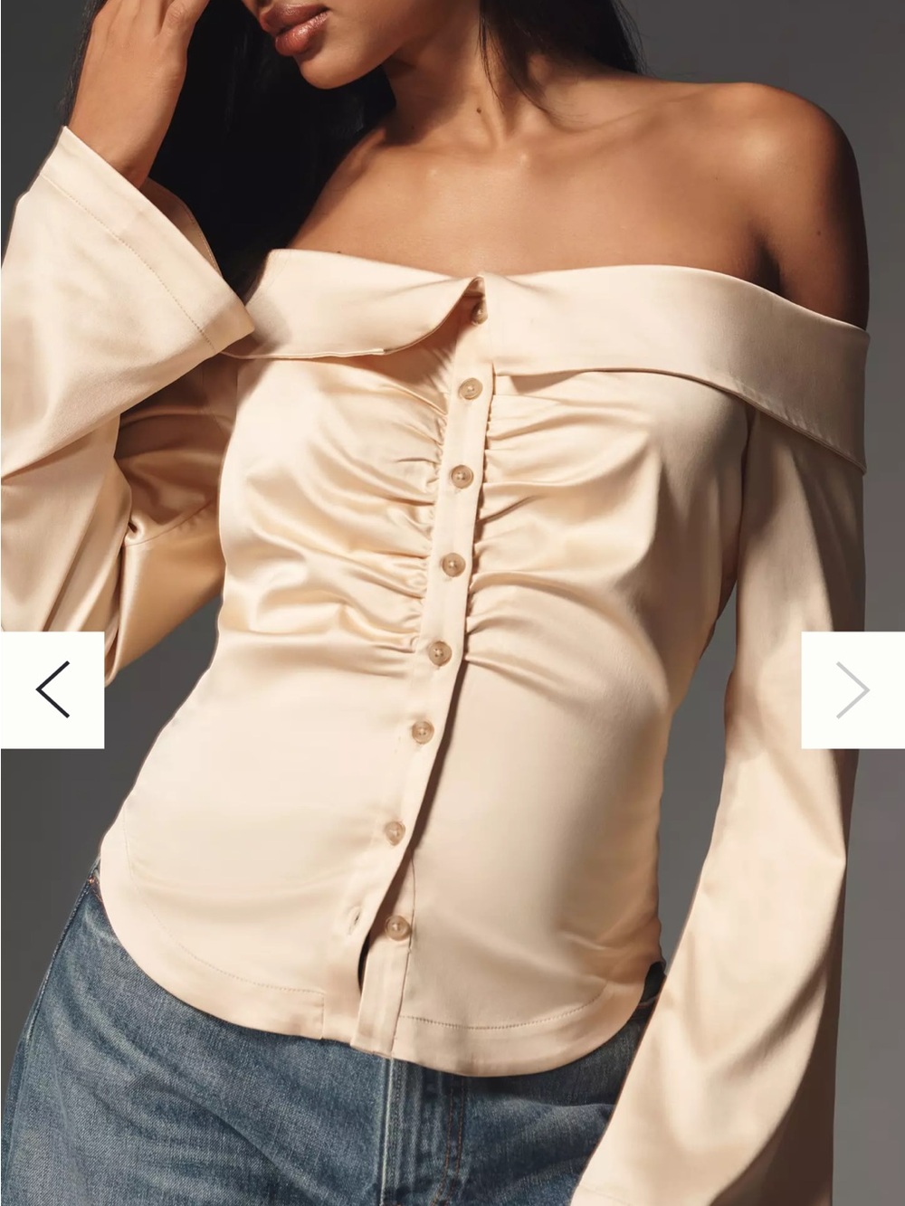 Anthropologie Satin Off-Shoulder Button-Front Top in Creamy Golden NWOT